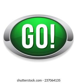 Green oval go button with metallic border on white background