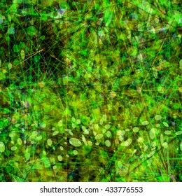 Green. Ovals, circles, straight thin lines, scratches, shapeless spots. Randomly mixed. Transparency, overlay, overlap. Easy editing. Seamless abstract vector pattern.