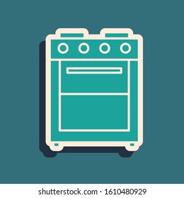 Green Oven icon isolated on blue background. Stove gas oven sign. Long shadow style. Vector Illustration