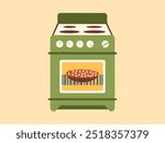 Green oven with pie. Sweets, baked goods. Vector illustration