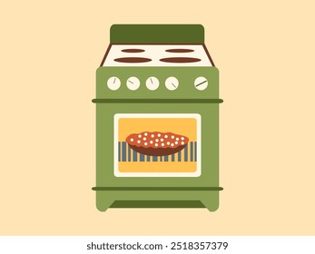 Green oven with pie. Sweets, baked goods. Vector illustration