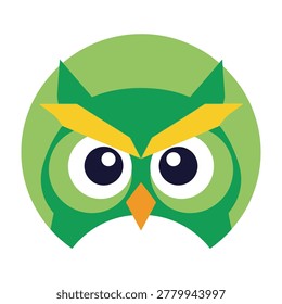 A green owl face with yellow eyebrows and orange beak on a green circle background. Cute animal symbol.