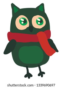Eine grüne Eule mit spitzen Ohren und leuchtend grünen Augen mit einem roten Schal, Vektorfarbzeichnung oder -grafik