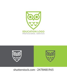 green owl representing the wise look for Education logo concept using smart line work in full vector  