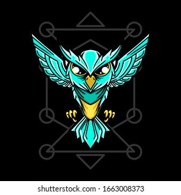 green owl with sacred geometry hand drawn illustration for t-shirt and other merchandise.