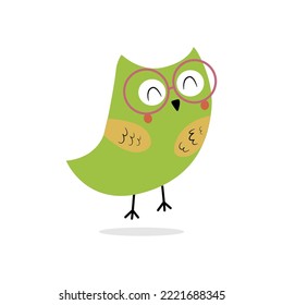 Búho verde listo con gafas. Dibujo vectorial sobre un fondo blanco aislado. Ilustración en estilo plano, caricatura.