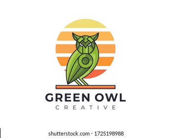 green owl and sunset design , unique modern owl logo illustration