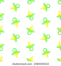 Green pacifiers vector seamless pattern. Baby dummy. Background, print, packaging design, wrapping