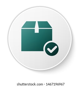 Green Package box with check mark icon isolated on white background. Parcel box with checkmark. Approved delivery or successful package receipt. White circle button. Vector Illustration