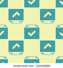 Green Package box with check mark icon isolated seamless pattern on yellow background. Parcel box with checkmark. Approved delivery or successful package receipt.  Vector Illustration