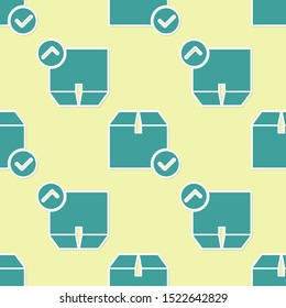 Green Package box with check mark icon isolated seamless pattern on yellow background. Parcel box with checkmark. Approved delivery or successful package receipt.  Vector Illustration