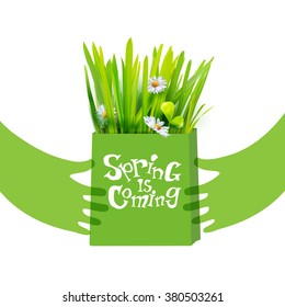 Green package with rass at hands