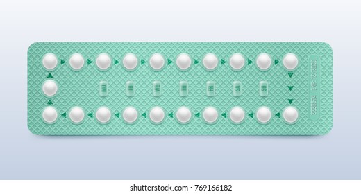 Green packaging of birth control pills. Contraceptive pill, hormonal pills, birth control pills. Women oral contraception. Planning pregnancy concept.Realistic blister with contraceptive pills.