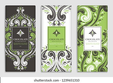 Green packaging design of chocolate bars. Vintage vector ornament template. Elegant, classic elements. Great for food, drink and other package types. Can be used for background and wallpaper. 