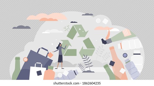 Green Packaging As Household Plastic Items And Paper Recycling Tiny Person Concept. Sustainable Choice For Less Pollution And Clean Nature Vector Illustration. Self Degrading Empty Bottles For Reusage