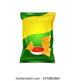 Green packaging for nachos chips, mockup for your design and advertising, an empty packaging form. Vecto