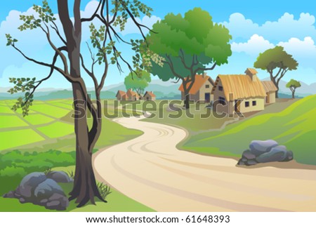   GREEN PADDY FIELDS , PATHWAY  AND  VILLAGE HOUSES