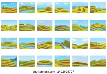 Green paddy terraces icons set cartoon vector. Asian worker. Cascade mount