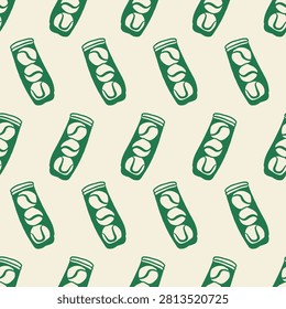 Green padel ball canister vector illustration seamless pattern isolated on cream background. Modern flat cartoon sports equipment collection, featuring regular rows of tennis ball tube container icons. Minimalist graphic asset for activewear fashion, textile print, and tournament wallpaper.