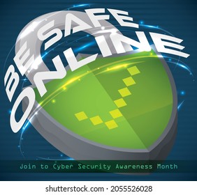 Green padlock with check symbol inside of it with glows circling it, and promoting online safety during Cyber Security Awareness Month celebration.