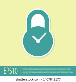 Green Padlock with clock icon isolated on yellow background. Time control concept. Lock and countdown, deadline, schedule, planning symbol. Vector Illustration