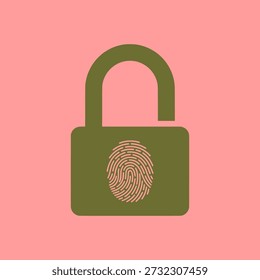 Green padlock with fingerprint on front, pink background, secure authentication concept