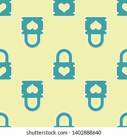 Green Padlock with heart icon isolated seamless pattern on yellow background. Locked Heart. Love symbol and keyhole sign. Vector Illustration