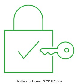 A green padlock icon with a checkmark and key, symbolizing successful unlock, granted access, verified security, approved authentication, or 'access granted'