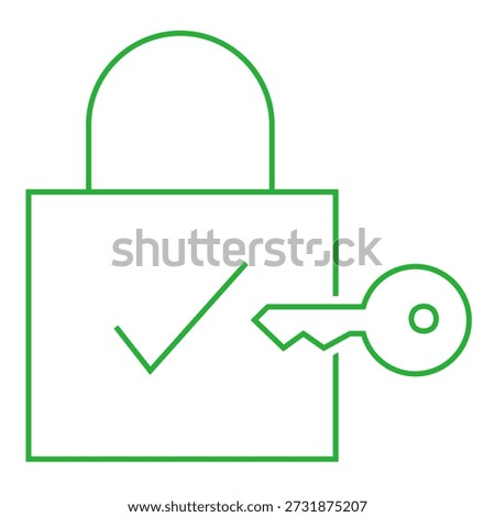A green padlock icon with a checkmark and key, symbolizing successful unlock, granted access, verified security, approved authentication, or 'access granted'