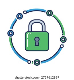 A green padlock icon surrounded by a blue and green circle with circles