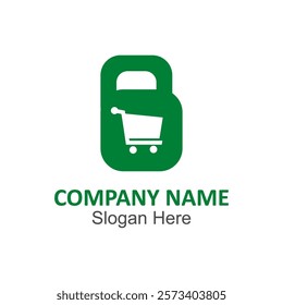 Green padlock with shopping cart; add a company name and slogan below. Perfect for ecommerce websites or online security graphics.