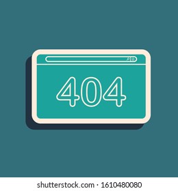 Green Page with a 404 error icon isolated on blue background. Template reports that the page is not found. Long shadow style. Vector Illustration