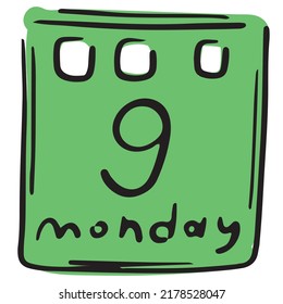 green page of the flip calendar, working week - Monday, vector isolated element in doodle style, white background, colored business doodles, black outline