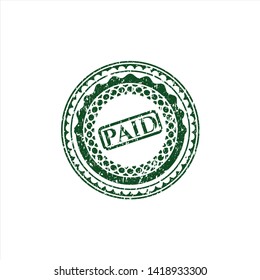 Green paid icon inside distressed rubber seal with grunge texture