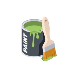 Green Paint Brush Open Can. Vector 3d Isometric, Color Web Icon, New Flat Style. Creative Illustration Design, Graphic Idea For Infographics.