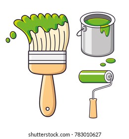 Green paint brush, roller and bucket can isolated