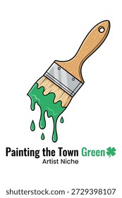 Vector de pincel de pintura verde, goteo de pintura húmeda, eslogan de nicho de artista, concepto de vacaciones verdes de ciudad de pintura creativa