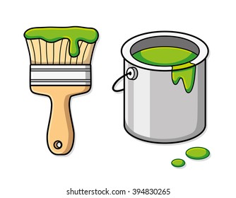 Green paint can and brush.