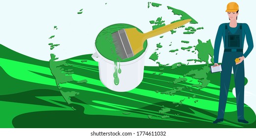 Green paint in a can, paint brush, spray - Builder in a helmet, in coveralls - vector. Labor Day. Poster. Banner. Builder's Day