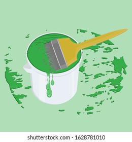 Green paint flows down from the can, drops, paint brush - grunge style - vector. Construction. Repair. Painting.