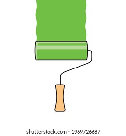 Green paint roller brush with stroke isolated cartoon vector icon