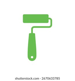 Green paint roller icon with handle on a white background for design elements, construction, home improvement, and creative projects. Isolated vector, flat design.