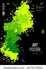 La pintura verde salpica sobre un fondo negro. Cartel abstracto artístico. Vector Imagen.