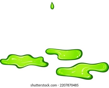 Green paint spots puddles. Vector dripping liquid isolated on white. Colored slime drops. Leaking paint abstract blob