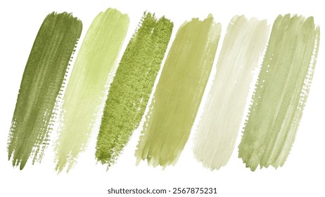 Green paint swatches, watercolor texture, artistic brush strokes, nature-inspired palette, versatile design elements.