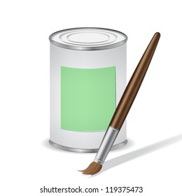 green paint tin and paint brush