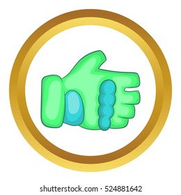Green paintball glove vector icon in golden circle, cartoon style isolated on white background