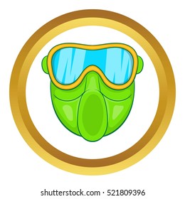 Green paintball mask vector icon in golden circle, cartoon style isolated on white background