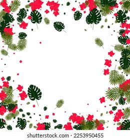 Green Palm Background White Vector. Hibiscus Holiday Card. Yellow Monstera. Drawing Design. Red Beauty Texture.