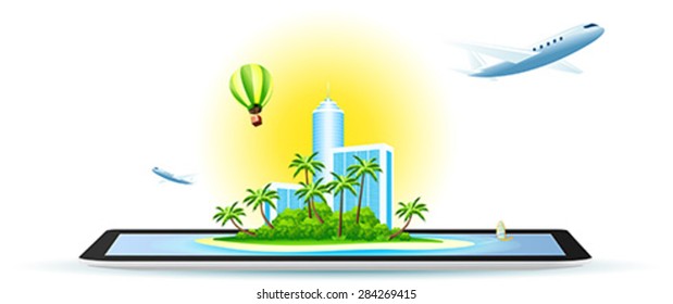 Green Palm Island with Modern Hotel and Airbus in your Tablet